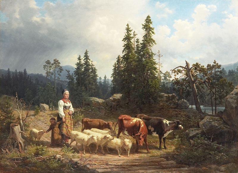 Nils Andersson Vallflicka med hjord i landskap oil painting image